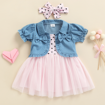 Cute infant girl's summer dress outfit featuring a heart-patterned tulle dress and denim jacket