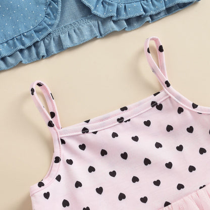 Baby girl's special occasion outfit, a hearts & dots tulle dress, denim jacket, and a bow headband