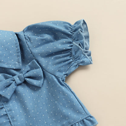 Adorable baby girl clothing set: A pink hearts & dots dress, blue denim jacket, and soft headband