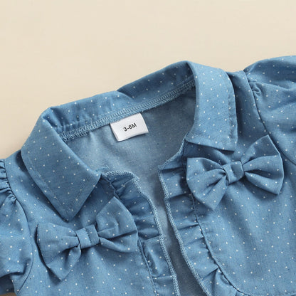 Infant girl's fashionable summer ensemble with a hearts & dots tulle dress and denim jacket