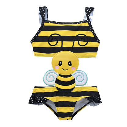 Back view of a toddler girl's animal print swimsuit, comfortable summer wear