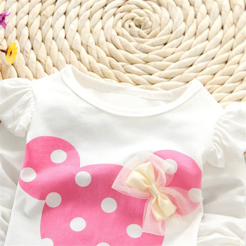 Sweet baby girl's pullover top with bow dots and coordinating pink pants, ideal for daily wear