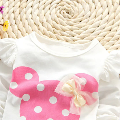 Sweet baby girl's pullover top with bow dots and coordinating pink pants, ideal for daily wear