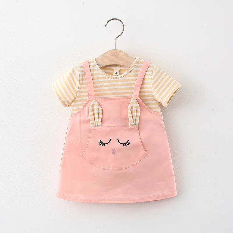 Girls' cat themed princess dress with vibrant stripes, comfortable toddler dress.