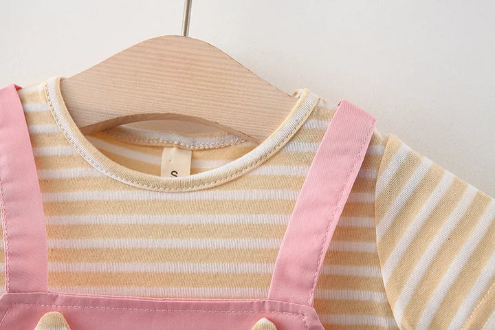 Cotton blend baby girl's striped dress with an adorable cartoon cat print. Princess style.