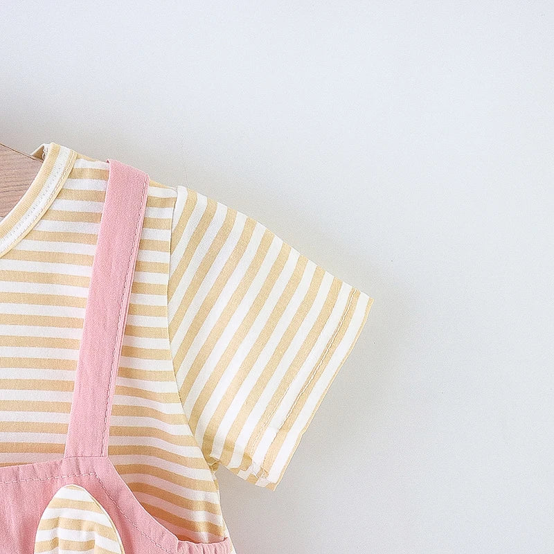 Full-length view of infant girls' striped cat princess dress. Comfy baby clothes.
