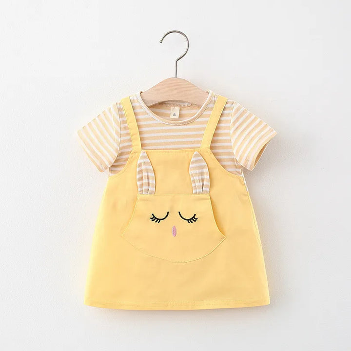 Girls' cotton blend cat dress, striped design, perfect for playtime or special occasions.