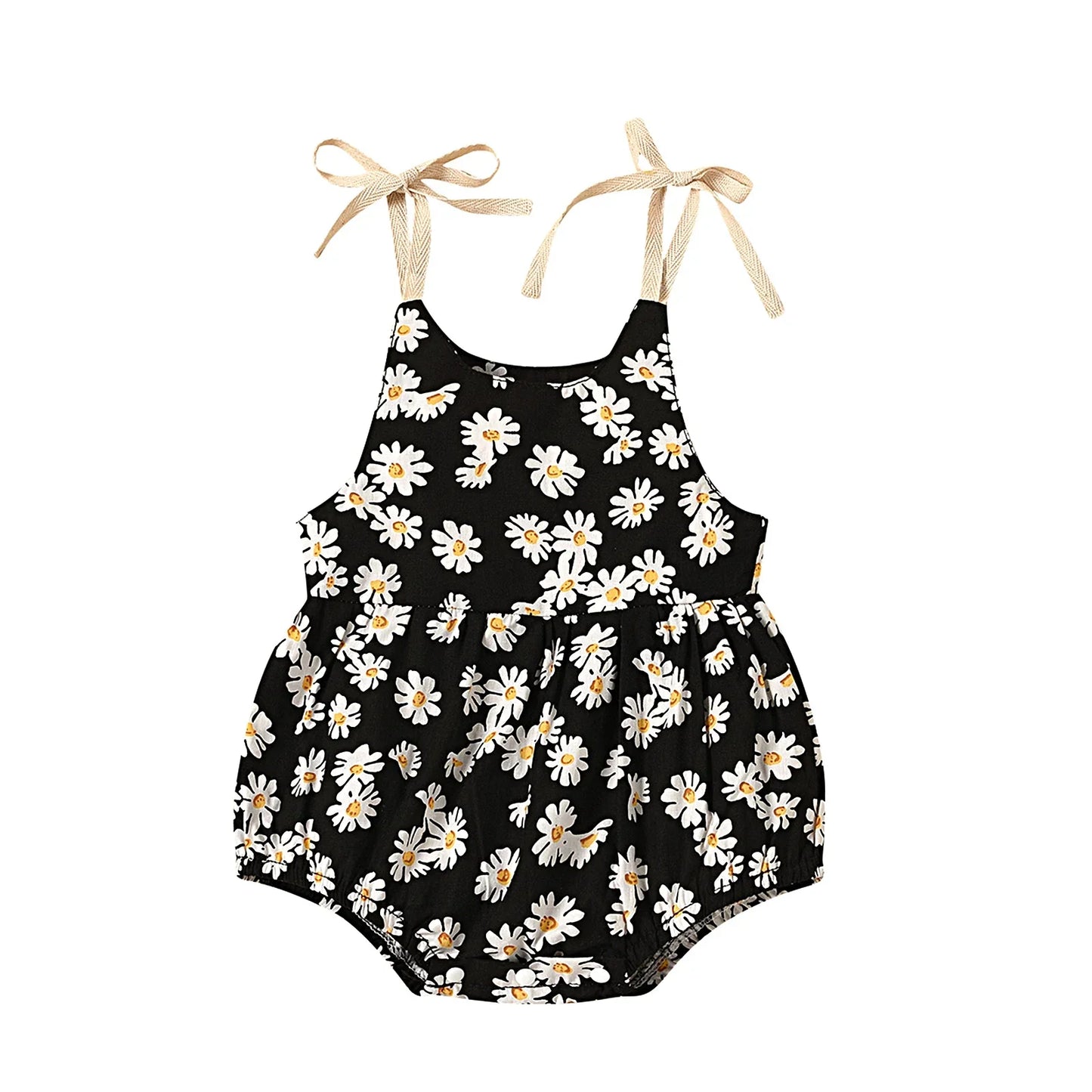 Infant girl in a soft cotton sunflower print romper, ideal for warm weather activities.