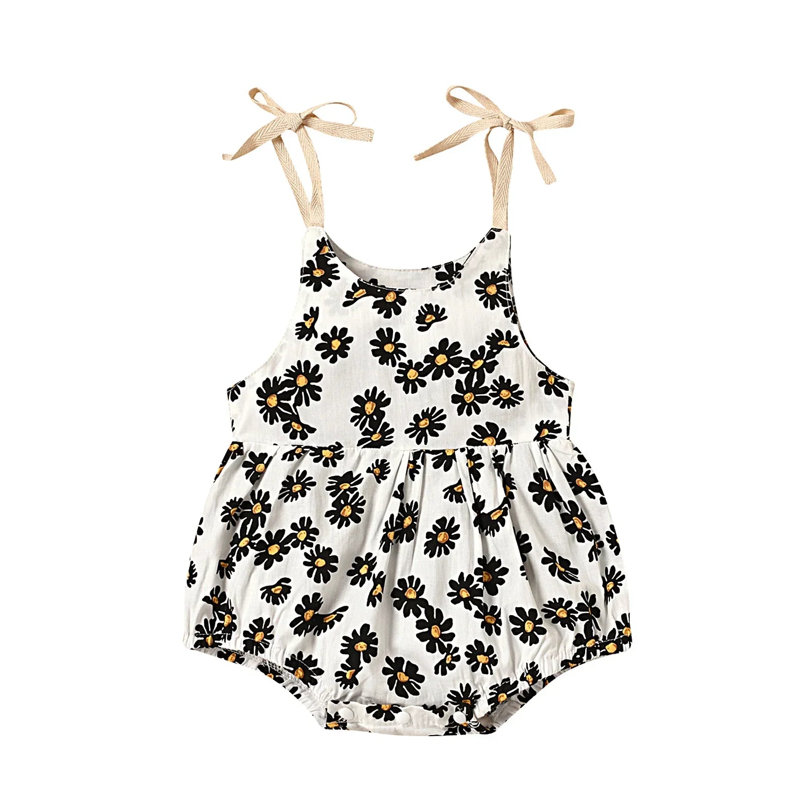 Girls' cotton sunflower romper dress featuring short sleeves and a comfortable fit for toddlers.