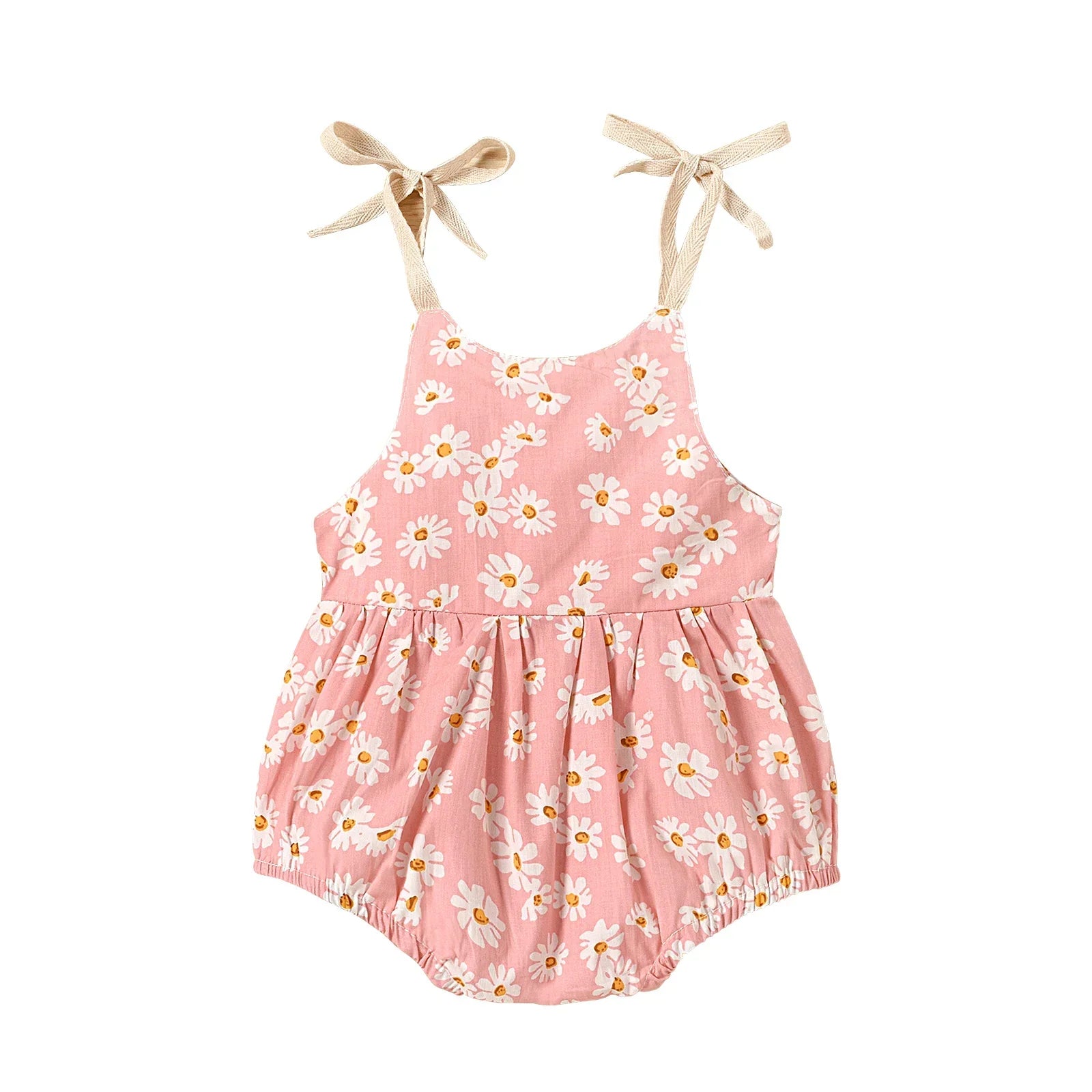 Newborn fashion: adorable cotton romper dress with vibrant sunflower pattern for baby girls.