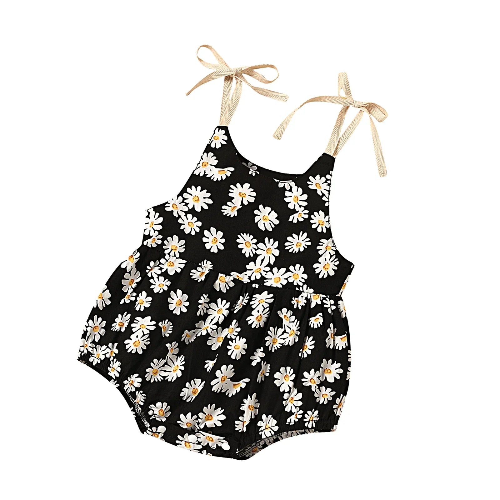 Back view of a girls' cotton sunflower romper dress, highlighting the cute summer style.