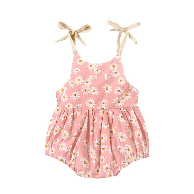 Baby clothing essential: soft cotton sunflower print romper dress for infant girls' comfort.