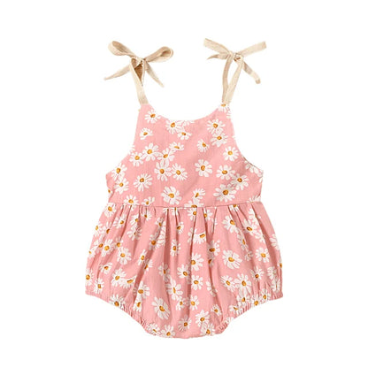 Baby clothing essential: soft cotton sunflower print romper dress for infant girls' comfort.