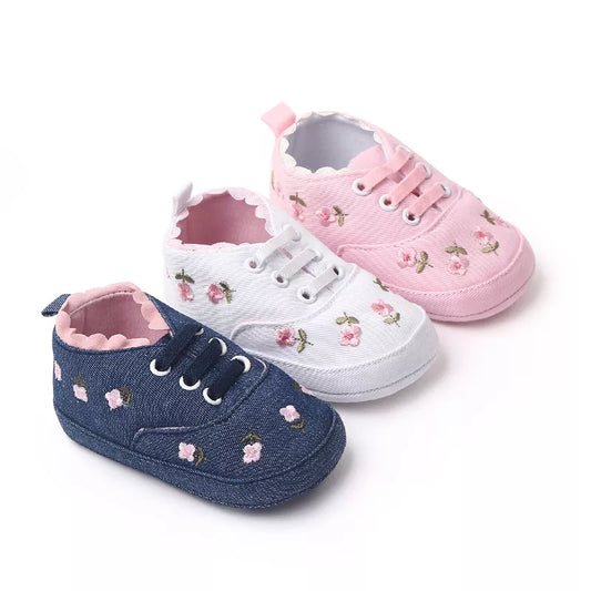 Baby girl's floral embroidered lace-up soft sole shoes for newborn steps