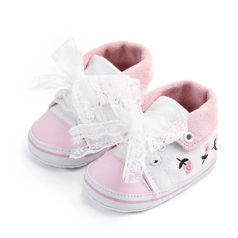 Baby girl's dressy floral embroidered shoes, soft sole, delicate lace-up design
