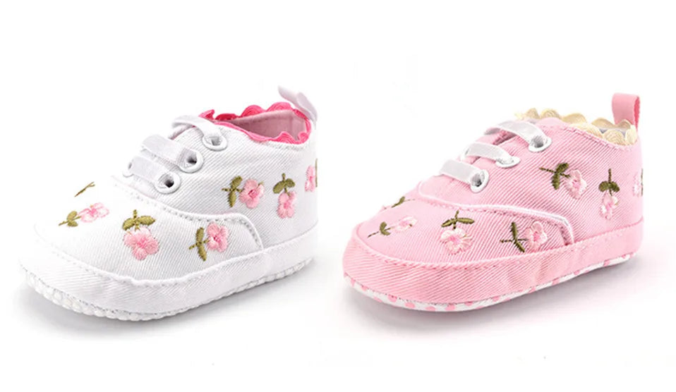 Pink floral embroidered baby girl shoes, plush soft sole, charming lace-up