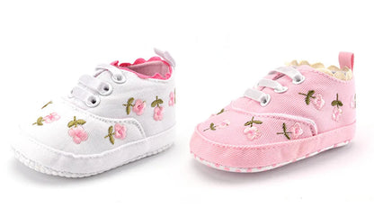 Pink floral embroidered baby girl shoes, plush soft sole, charming lace-up