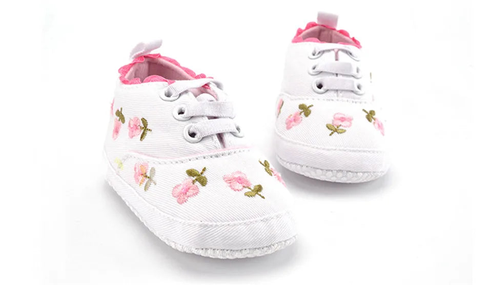 Baby girl accessory: floral embroidered soft sole lace-up shoes, premium cotton