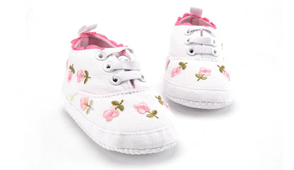 Baby girl accessory: floral embroidered soft sole lace-up shoes, premium cotton