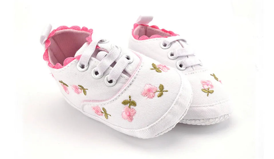 Baby girl's comfortable floral embroidered soft sole shoes with secure lace-ups
