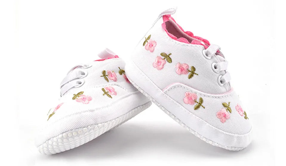 Delicate floral embroidery on baby girl's soft sole lace-up newborn shoes