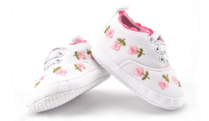Delicate floral embroidery on baby girl's soft sole lace-up newborn shoes