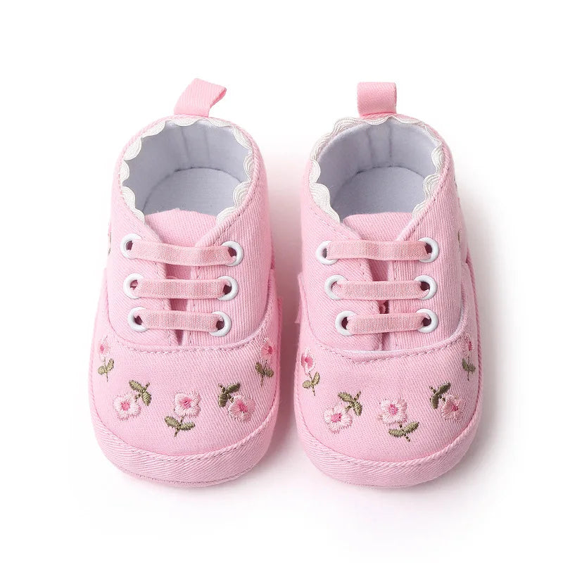 Infant girl's first steps shoes, floral embroidery, soft cotton sole, lace-up design