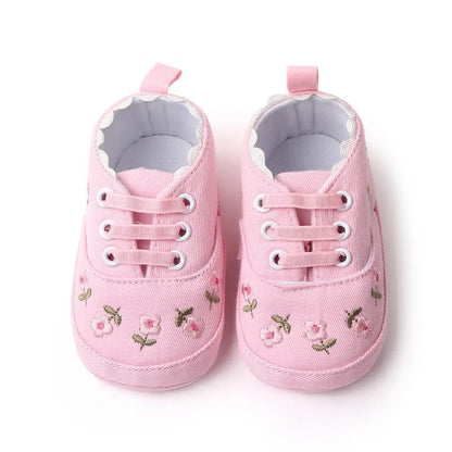 Infant girl's first steps shoes, floral embroidery, soft cotton sole, lace-up design