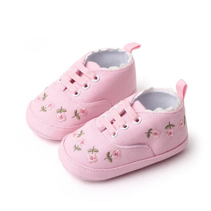 Cute baby girl's floral embroidered lace-up soft sole shoes, ideal for spring