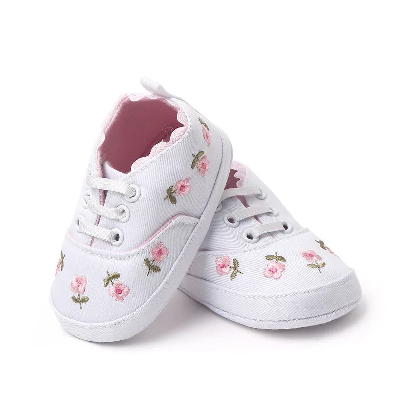 Baby fashion floral embroidered soft sole shoes, pink accents, lace-up closure