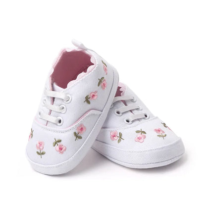 Baby fashion floral embroidered soft sole shoes, pink accents, lace-up closure