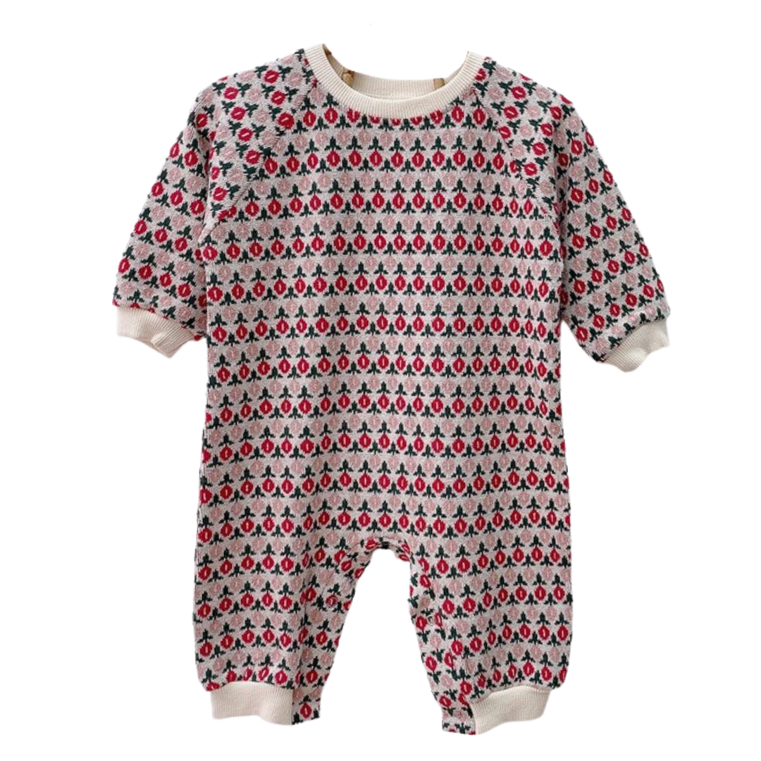 Baby girl's floral knitted long sleeve romper in soft cotton, perfect for fall and winter infant fashion.
