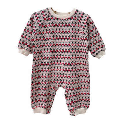 Baby girl's floral knitted long sleeve romper in soft cotton, perfect for fall and winter infant fashion.