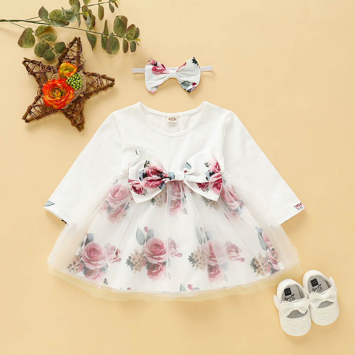 Toddler girl's cotton blend floral butterfly print long sleeve dress, cute and comfortable.