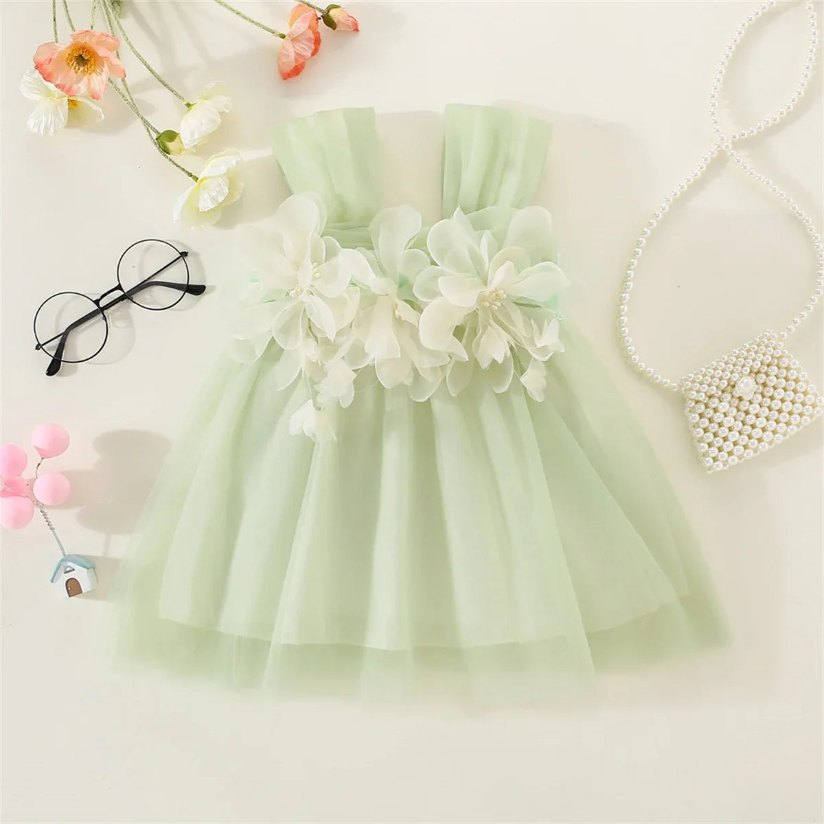 Baby girl's floral mesh princess dress for weddings, elegant summer party outfit