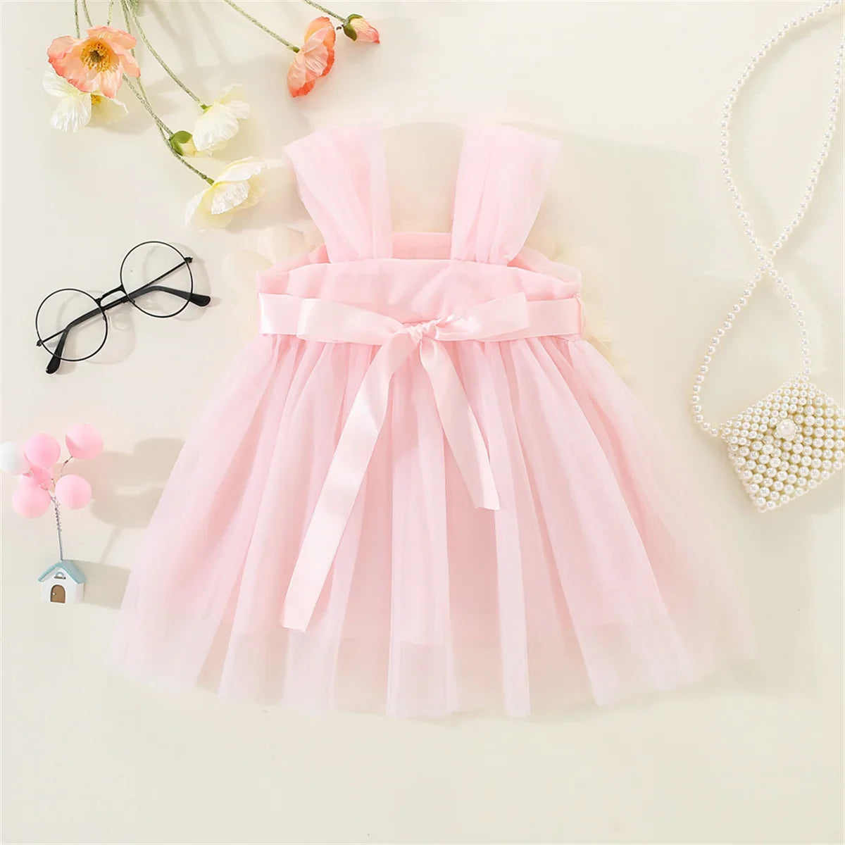 Cute baby floral appliques mesh princess dress, ideal for summer celebrations