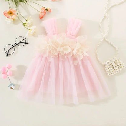 Adorable baby girl's floral mesh dress with appliques, perfect for summer events