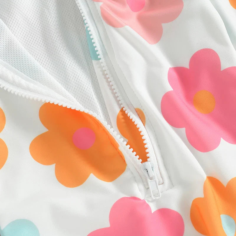 Eye-catching floral print baby girl's one-piece swimsuit with cute ruffles, perfect toddler beachwear.