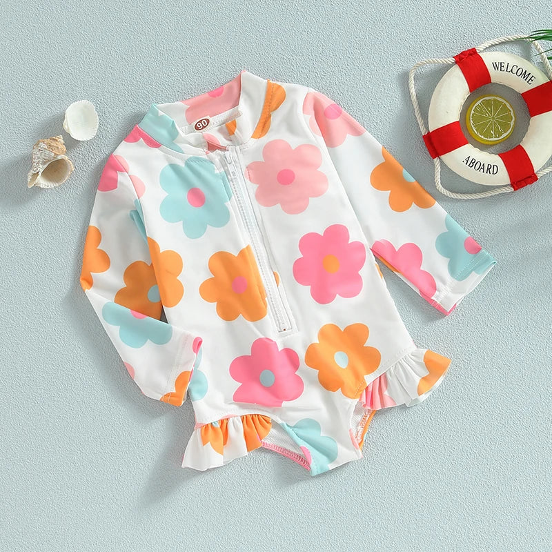 Charming baby girl's floral print one-piece swimsuit with shoulder ruffles, comfy infant swimwear.