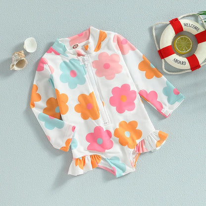 Charming baby girl's floral print one-piece swimsuit with shoulder ruffles, comfy infant swimwear.