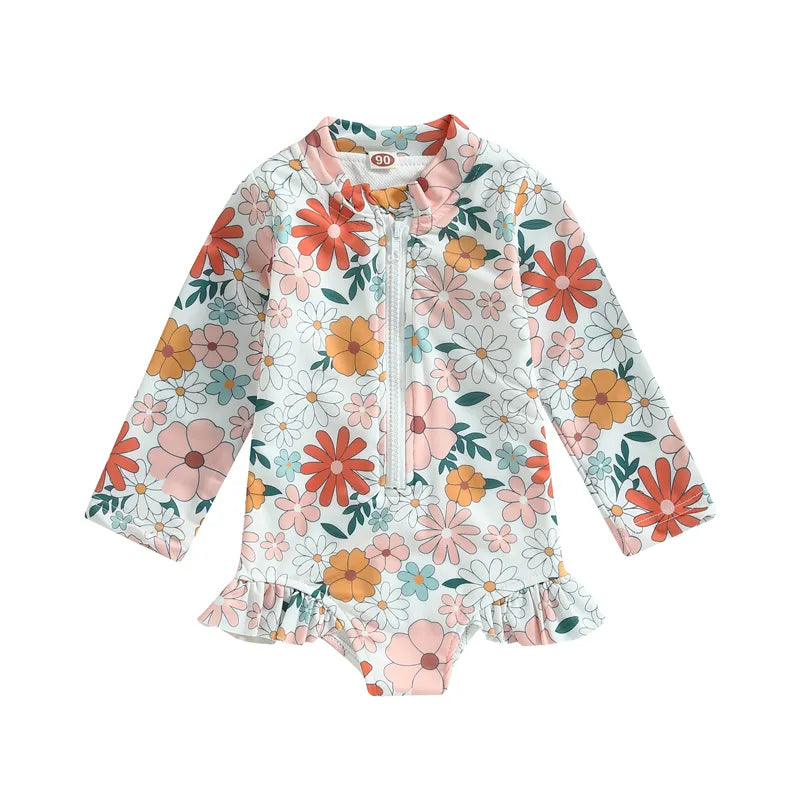 Baby girl's essential floral ruffle one-piece swimsuit for summer, comfortable kids swimwear.