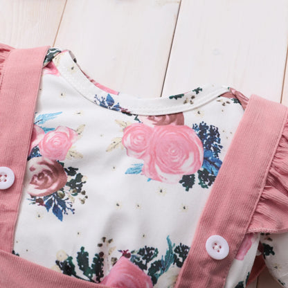 Toddler girl's summer outfit with a vibrant floral skirt and soft elastic headband