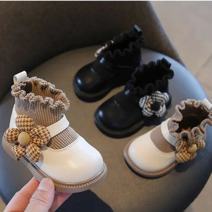Baby girl's floral soft sole walking boots, pink with white flowers, cotton upper, anti-slip rubber sole