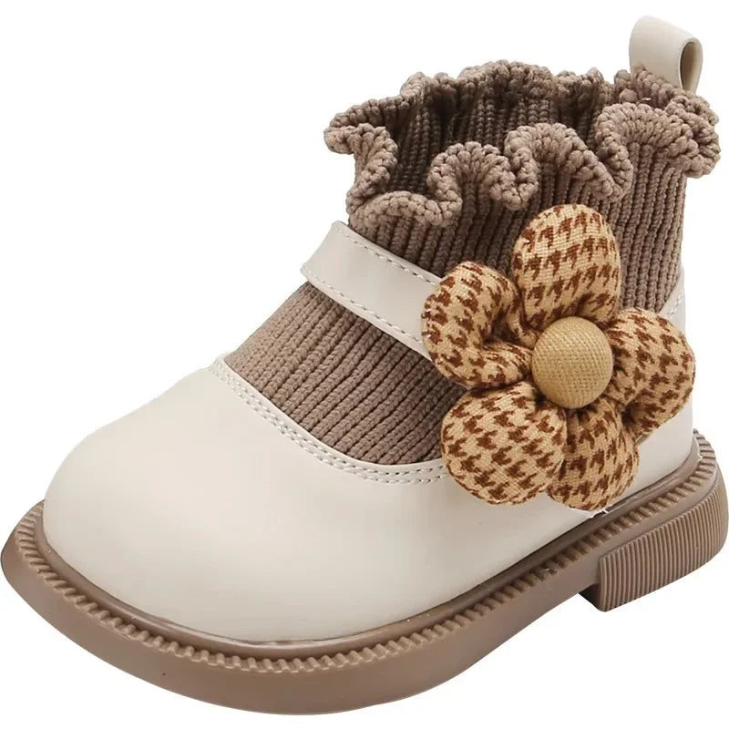 Adorable toddler girls floral soft sole boots, perfect for first steps, with durable anti-slip rubber outsole