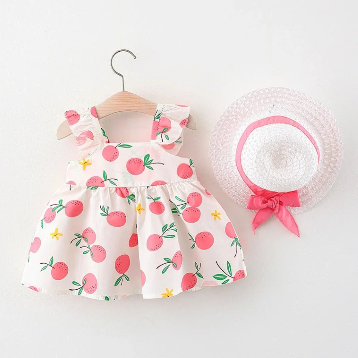 Baby dress & hat set: Girls' fruit print cotton A-line dress, perfect for sunny days.