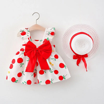 Girls' cotton fruit print sleeveless dress and a protective matching sun hat.