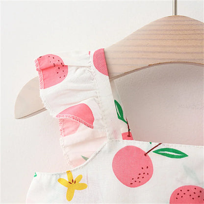 Charming fruit print cotton dress for girls with an adorable coordinating baby hat.