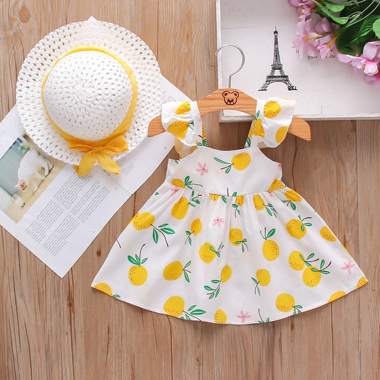 Infant girl's soft cotton fruit print dress and hat set, comfortable spring outfit.