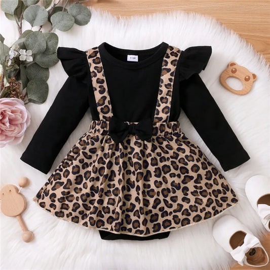 Baby girl's leopard print romper dress with bow detail, 0-18M, for spring/autumn wear