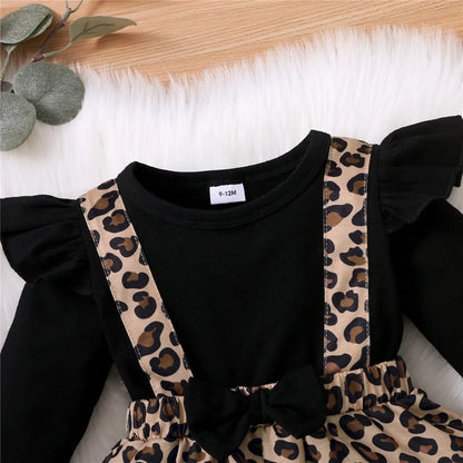 Cute baby girl's leopard print romper dress with stylish bow, ideal for toddlers 0-18M